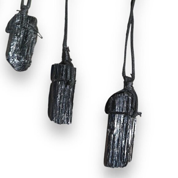 Black Tourmaline Natural Chunk Pendant Necklace w Velvet Cord 2.25" Size Crystal - Picture 2 of 11